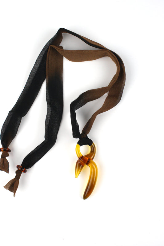 Knotty Pendant - Amber on Black to Brown Silk Ribbon