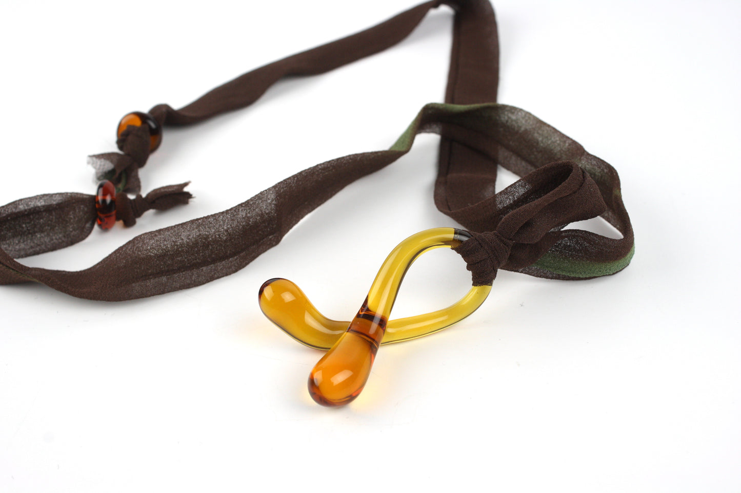 Knotty Pendant - Amber on Brown to Green Silk Ribbon
