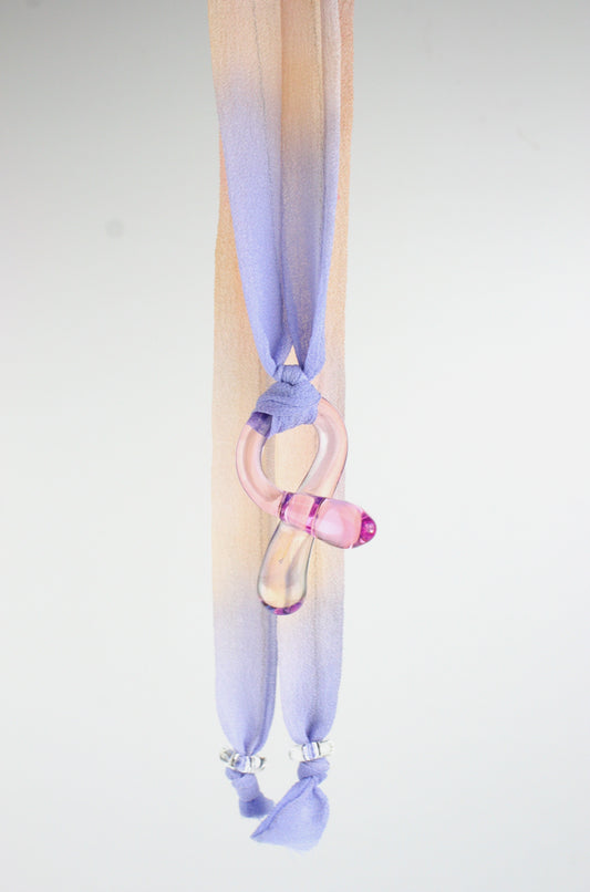 Knotty Pendant - Clear Pink Fade Glass on Nude Periwinkle Silk Ribbon