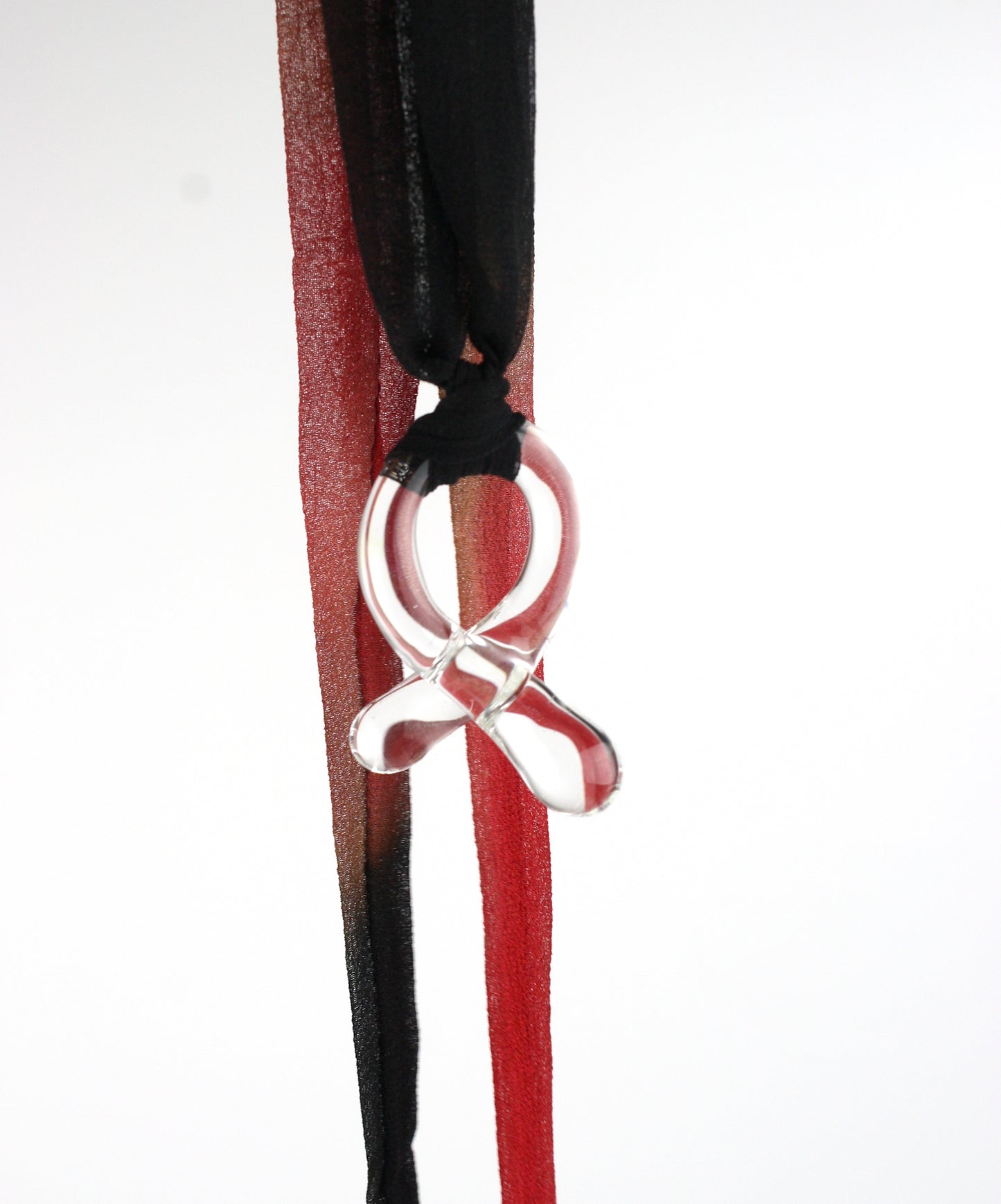 Knotty Pendant - Clear Glass on Red to Black Fade Silk Ribbon